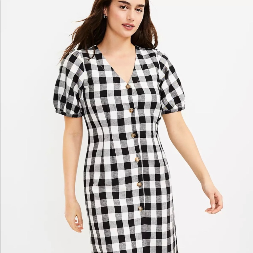 Petite Gingham Button Down V-Neck Dress